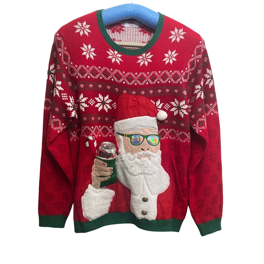 Holiday Time Mens Ugly Christmas Sweater Santa Sunglasses Red Green 2XL 50-52